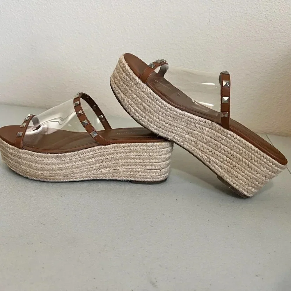 Marc Fisher Womens Leather Studded Espadrille Platform Sandals Brown Size 8 1/2M